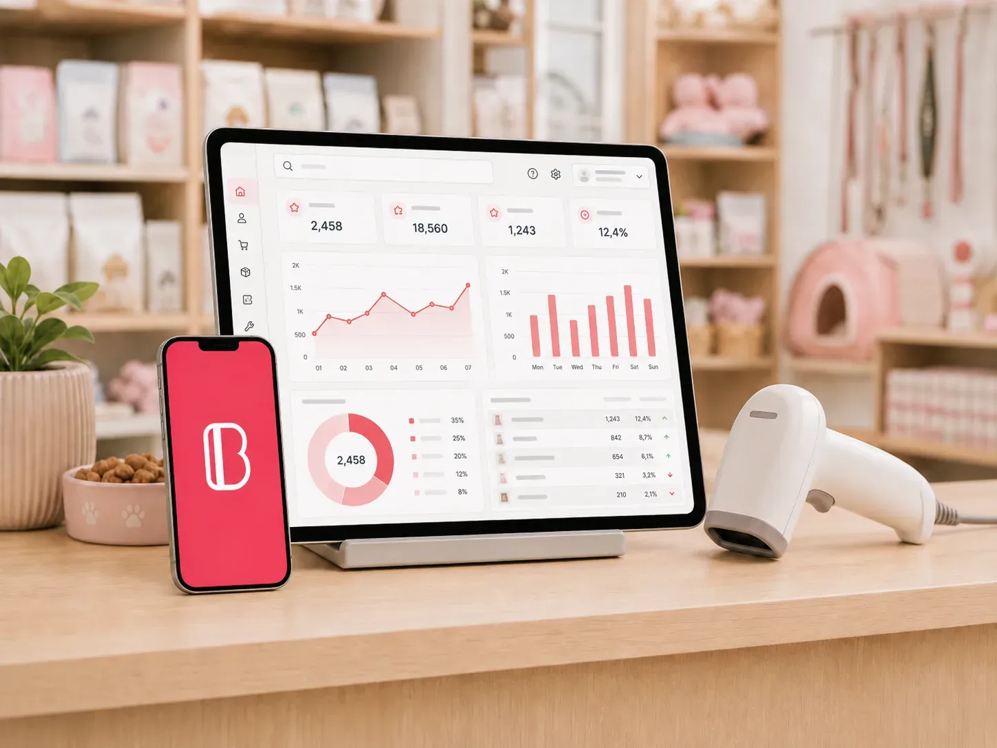Butiksdisk med surfplatta som visar en översiktsvy med statistik, en mobil med Bonuscards logotyp och en streckkodsläsare