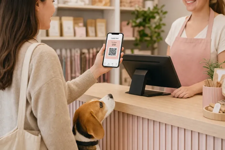 En kund visar sitt digitala medlemskort med QR-kod i kassan, med sin beagle bredvid