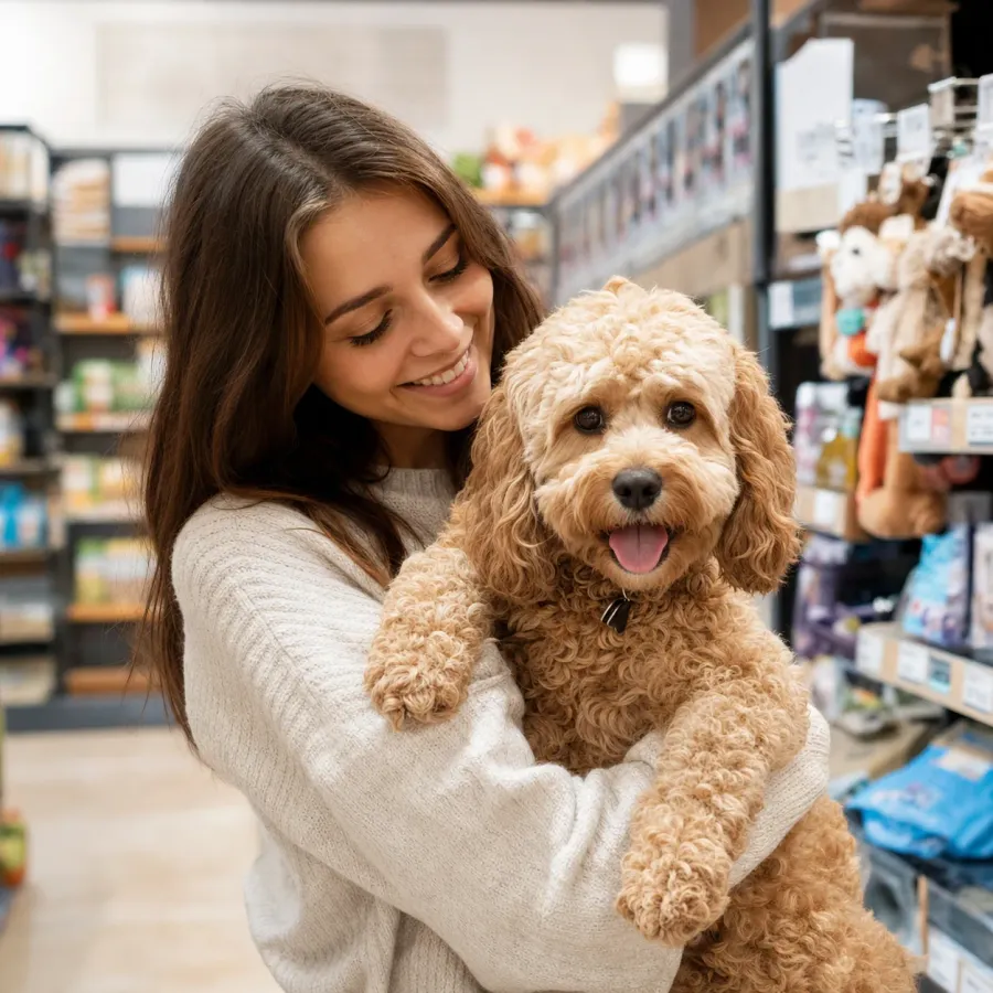Kund med sin hund i en djurbutik