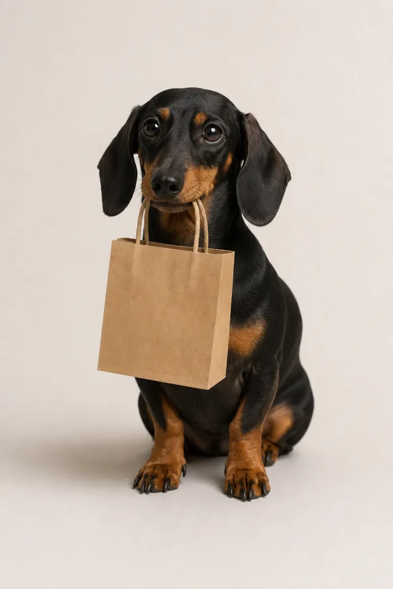En tax håller en liten shoppingpåse i munnen