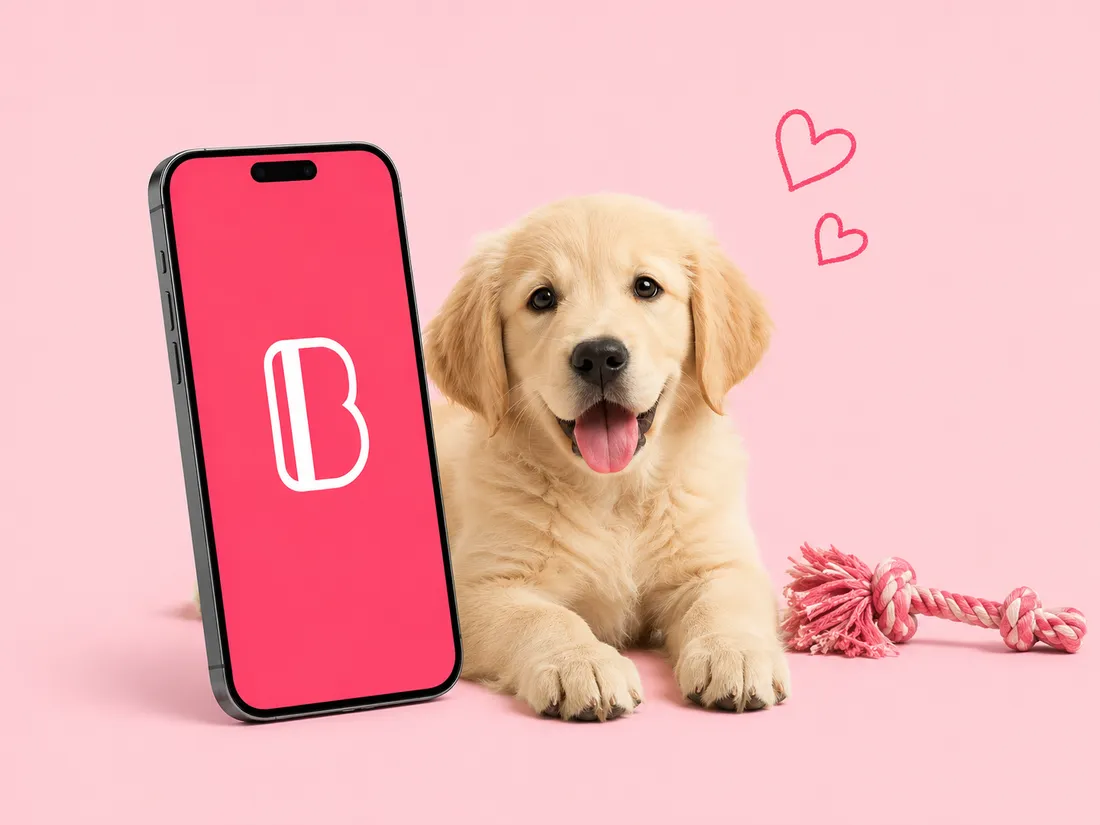 En golden retriever-valp bredvid en mobil som visar Bonuscard-appen