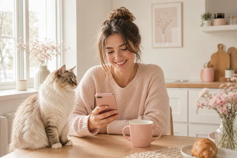 En person läser en bekräftelse i mobilen vid köksbordet, med sin katt bredvid