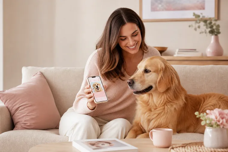 En person skapar sitt Bonuscard-konto i mobilen hemma i soffan, med sin golden retriever bredvid