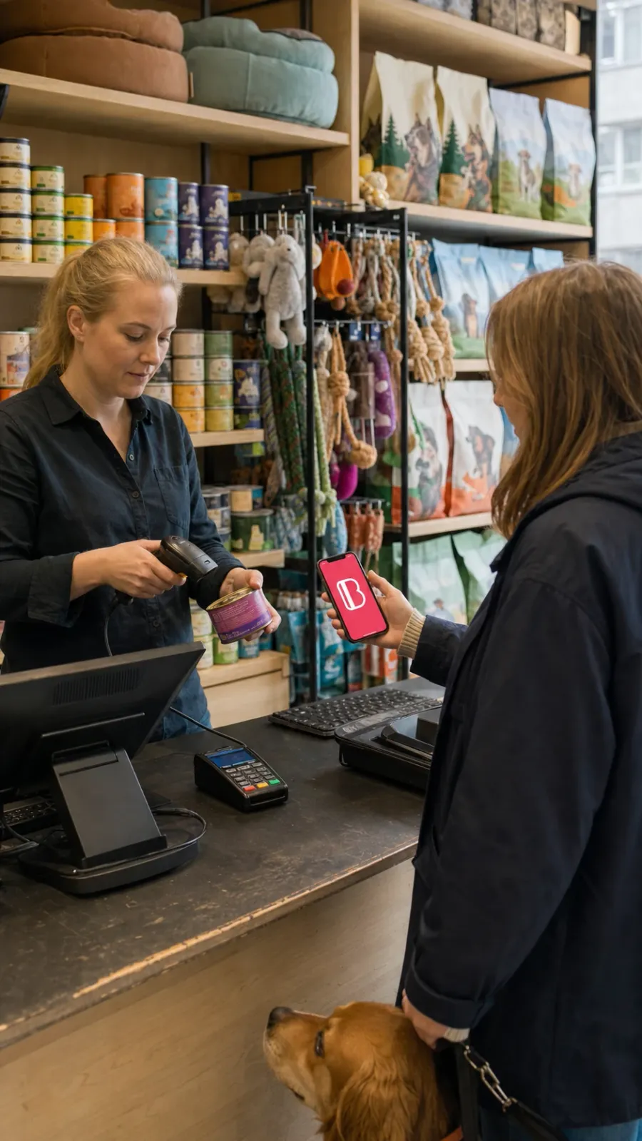 Butikspersonal skannar en QR-kod från kundens telefon